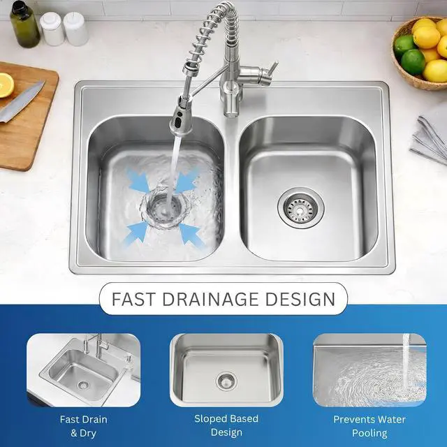Alt view image 6 of 6 - Zuhnë Fortuna 33-Inch Drop-In Double Bowl Stainless Steel Kitchen Sink, 22 Gauge T304 18/10, Satin Finish, Single Hole Deck, 33 x 19 x 8 in