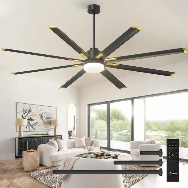 Main image of 84 Inch Ceiling Fan with Light, Industrial Large Ceiling Fan with Quiet DC Motor, 8 Aluminum Reversible Blades, 6-Speed Remote Control, Indoor/Outdoor Ceiling Fans for Porch/Garage/Shop, Black