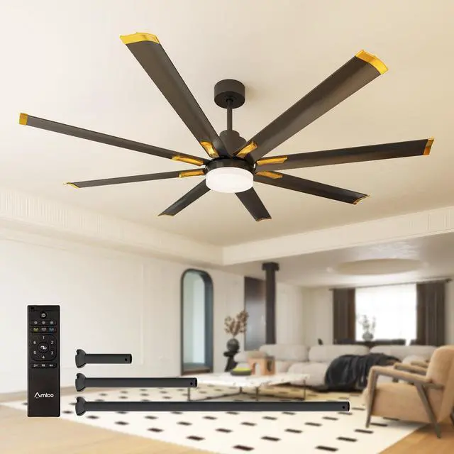 Main image of Ceiling Fans with Lights, 72 Inch Indoor/Outdoor Large Industrial Ceiling Fan with Remote Control, Reversible, 8 Aluminum Blades, 3CCT, Dimmable, Damp Rated Black Ceiling Fan for Bedroom Patio