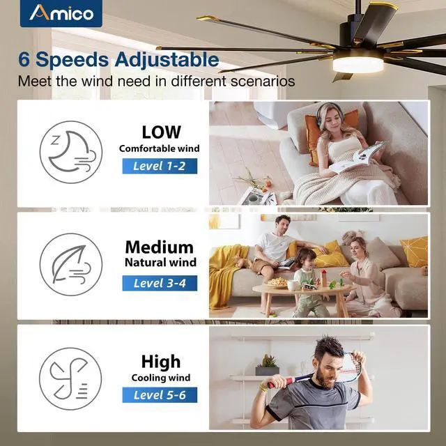 Alt view image 3 of 6 - Ceiling Fans with Lights, 72 Inch Indoor/Outdoor Large Industrial Ceiling Fan with Remote Control, Reversible, 8 Aluminum Blades, 3CCT, Dimmable, Damp Rated Black Ceiling Fan for Bedroom Patio