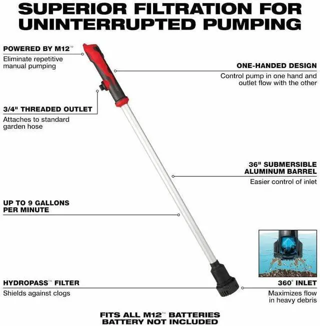 Alt view image 3 of 5 - MILWAUKEE 2579-20 M12 Stick Transfer Pump - Gray, Aluminum, Submersible, 9 GPM, 15 ft Head Height