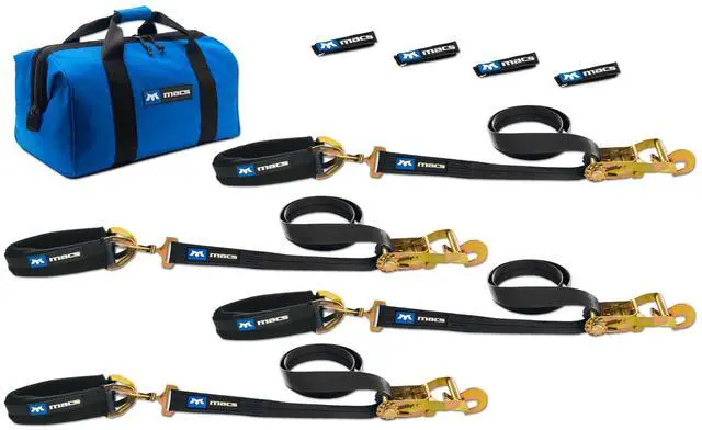 Main image of Ratchet Tie Down Straps, 2" x 8', 10,000 lb Break Strength, Direct Hook, 24" Axle Straps, Fleece Sleeves, Pro Pack, Black