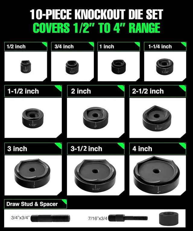 Alt view image 4 of 6 - 1/2" - 4" Hydraulic Knockout Punch Set | 15 US Tons | Knock Out Set with 10 Dies | Punching Capacity 11-16 Gauge | 1 Year WARRENTY