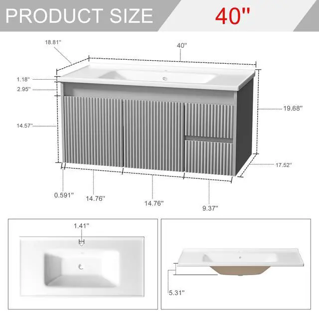 Alt view image 2 of 6 - Floating Bathroom Vanity 40 Inch, Wall Mounted Bathroom Vanity with Ceramic Sink and 2 Drawers for Storage, Modern Wave-Carved Design Wooden Sink Cabinet, Grey