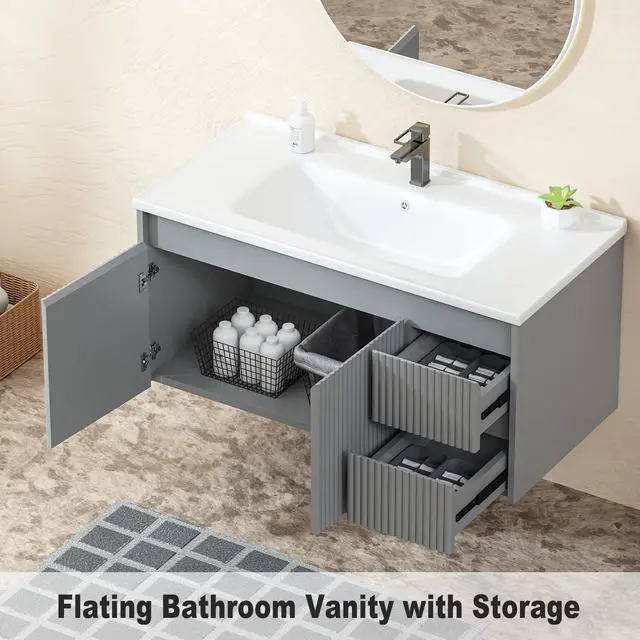 Alt view image 3 of 6 - Floating Bathroom Vanity 40 Inch, Wall Mounted Bathroom Vanity with Ceramic Sink and 2 Drawers for Storage, Modern Wave-Carved Design Wooden Sink Cabinet, Grey