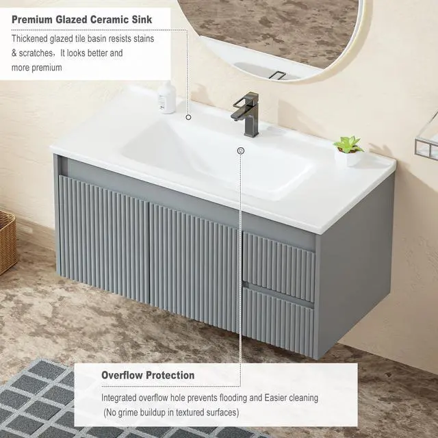Alt view image 4 of 6 - Floating Bathroom Vanity 40 Inch, Wall Mounted Bathroom Vanity with Ceramic Sink and 2 Drawers for Storage, Modern Wave-Carved Design Wooden Sink Cabinet, Grey