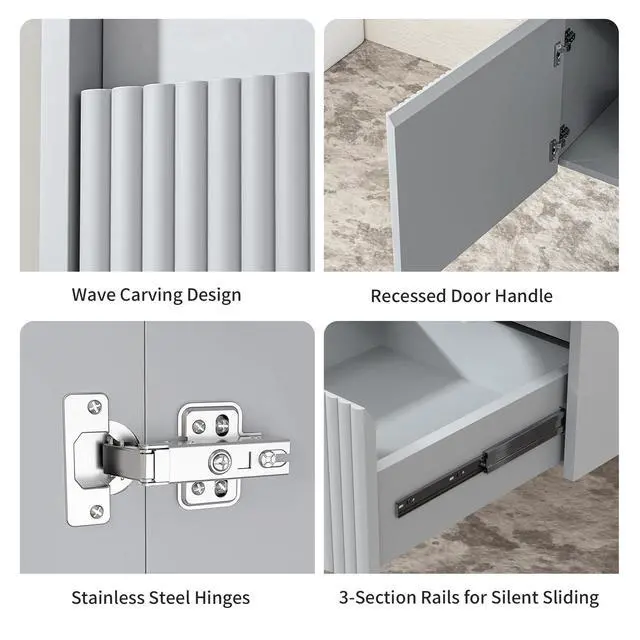 Alt view image 5 of 6 - Floating Bathroom Vanity 40 Inch, Wall Mounted Bathroom Vanity with Ceramic Sink and 2 Drawers for Storage, Modern Wave-Carved Design Wooden Sink Cabinet, Grey
