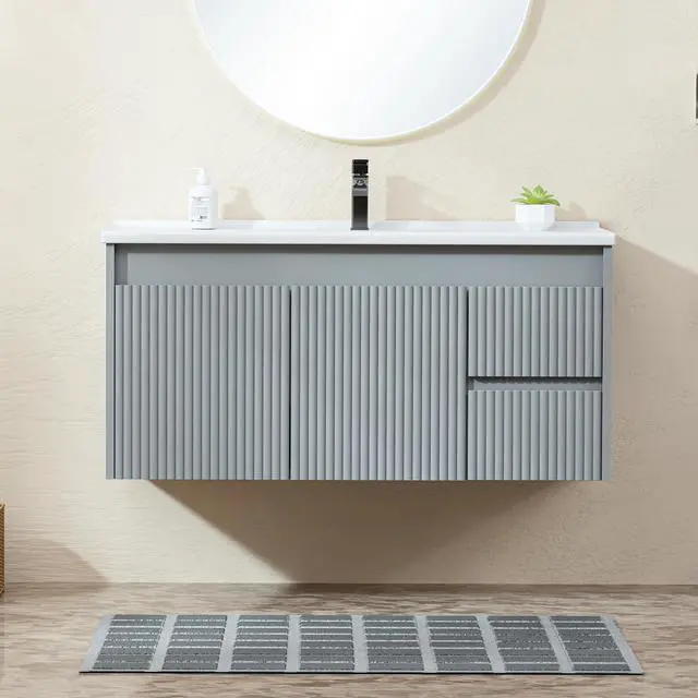 Alt view image 6 of 6 - Floating Bathroom Vanity 40 Inch, Wall Mounted Bathroom Vanity with Ceramic Sink and 2 Drawers for Storage, Modern Wave-Carved Design Wooden Sink Cabinet, Grey