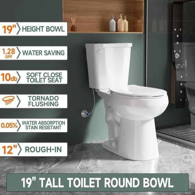 Alt view image 2 of 6 - Compact 19 Inch ADA High White Toilet for Bathroom | Powerful Tornado Flush Single Flush 1.28 GPF, Comfort ADA Bowl Heigh 19 Tall Toilet for Seniors,Two Piece 12 Rough In
