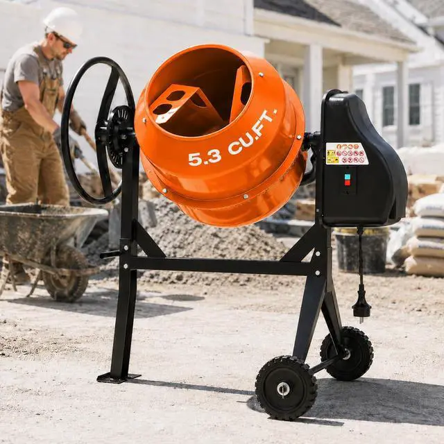 Alt view image 2 of 6 - Electric Cement Mixer, 5.3 Cu.Ft.750W Portable Concrete Mixer Machine with Wheels & Stand Steel for Stucco, Mortar, Feed Mixing, Farm Use, Orange
