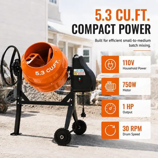 Alt view image 3 of 6 - Electric Cement Mixer, 5.3 Cu.Ft.750W Portable Concrete Mixer Machine with Wheels & Stand Steel for Stucco, Mortar, Feed Mixing, Farm Use, Orange