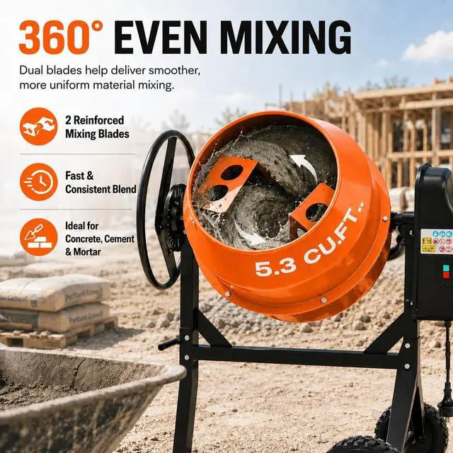 Alt view image 4 of 6 - Electric Cement Mixer, 5.3 Cu.Ft.750W Portable Concrete Mixer Machine with Wheels & Stand Steel for Stucco, Mortar, Feed Mixing, Farm Use, Orange