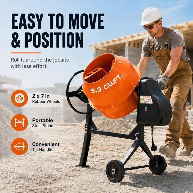 Alt view image 5 of 6 - Electric Cement Mixer, 5.3 Cu.Ft.750W Portable Concrete Mixer Machine with Wheels & Stand Steel for Stucco, Mortar, Feed Mixing, Farm Use, Orange