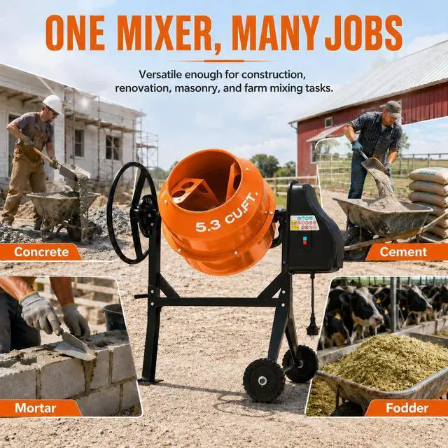 Alt view image 6 of 6 - Electric Cement Mixer, 5.3 Cu.Ft.750W Portable Concrete Mixer Machine with Wheels & Stand Steel for Stucco, Mortar, Feed Mixing, Farm Use, Orange