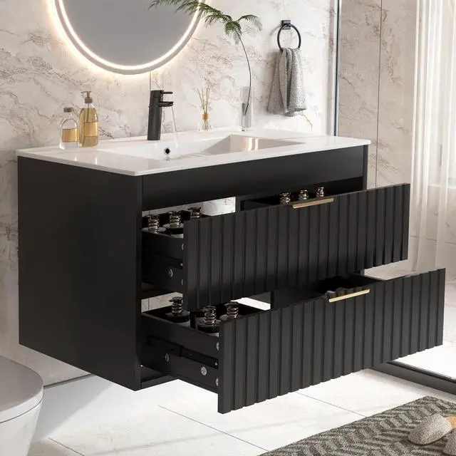 Main image of 30" Bathroom Vanity with Sink, Floating Bathroom Vanity with 2 Fluted Drawers & Metal Handle, Wall Mounted Cabinets with Integrated Ceramic Sink for Apartment, Home, Black