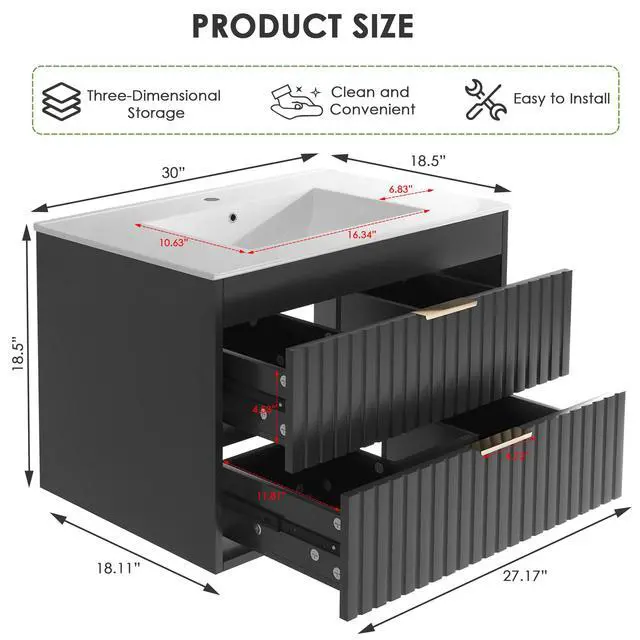 Alt view image 2 of 6 - 30" Bathroom Vanity with Sink, Floating Bathroom Vanity with 2 Fluted Drawers & Metal Handle, Wall Mounted Cabinets with Integrated Ceramic Sink for Apartment, Home, Black
