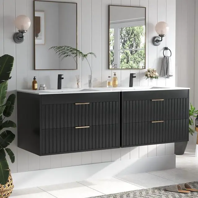 Alt view image 3 of 6 - 30" Bathroom Vanity with Sink, Floating Bathroom Vanity with 2 Fluted Drawers & Metal Handle, Wall Mounted Cabinets with Integrated Ceramic Sink for Apartment, Home, Black