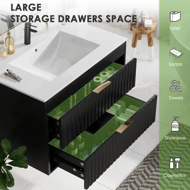 Alt view image 5 of 6 - 30" Bathroom Vanity with Sink, Floating Bathroom Vanity with 2 Fluted Drawers & Metal Handle, Wall Mounted Cabinets with Integrated Ceramic Sink for Apartment, Home, Black