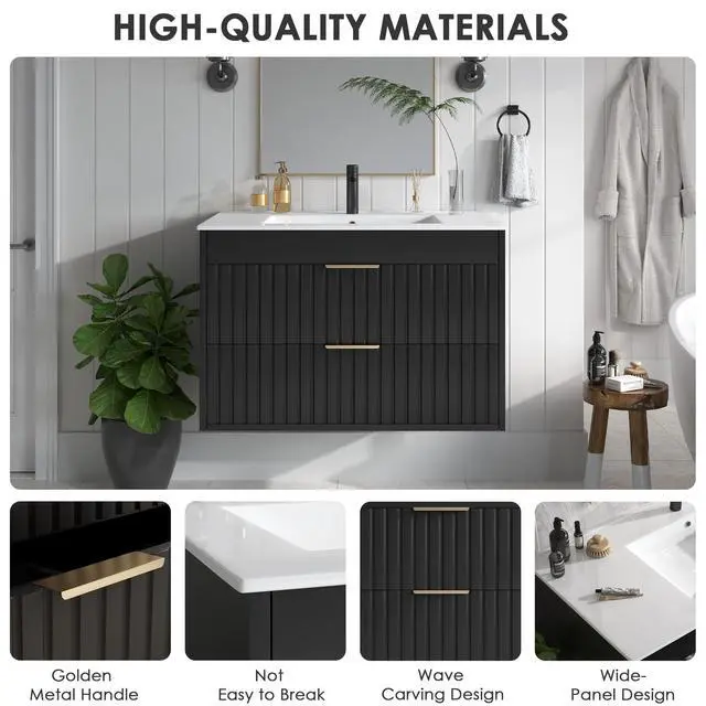Alt view image 6 of 6 - 30" Bathroom Vanity with Sink, Floating Bathroom Vanity with 2 Fluted Drawers & Metal Handle, Wall Mounted Cabinets with Integrated Ceramic Sink for Apartment, Home, Black