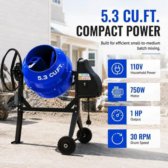 Alt view image 3 of 6 - Electric Cement Mixer, 5.3 Cu.Ft.750W Portable Concrete Mixer Machine with Wheels & Stand Steel for Stucco, Mortar, Feed Mixing, Farm Use, Blue