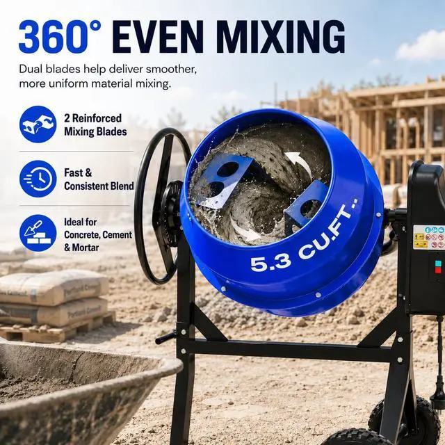 Alt view image 4 of 6 - Electric Cement Mixer, 5.3 Cu.Ft.750W Portable Concrete Mixer Machine with Wheels & Stand Steel for Stucco, Mortar, Feed Mixing, Farm Use, Blue