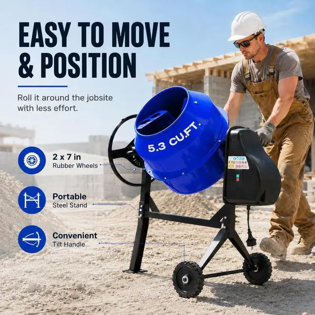 Alt view image 5 of 6 - Electric Cement Mixer, 5.3 Cu.Ft.750W Portable Concrete Mixer Machine with Wheels & Stand Steel for Stucco, Mortar, Feed Mixing, Farm Use, Blue