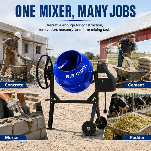 Alt view image 6 of 6 - Electric Cement Mixer, 5.3 Cu.Ft.750W Portable Concrete Mixer Machine with Wheels & Stand Steel for Stucco, Mortar, Feed Mixing, Farm Use, Blue
