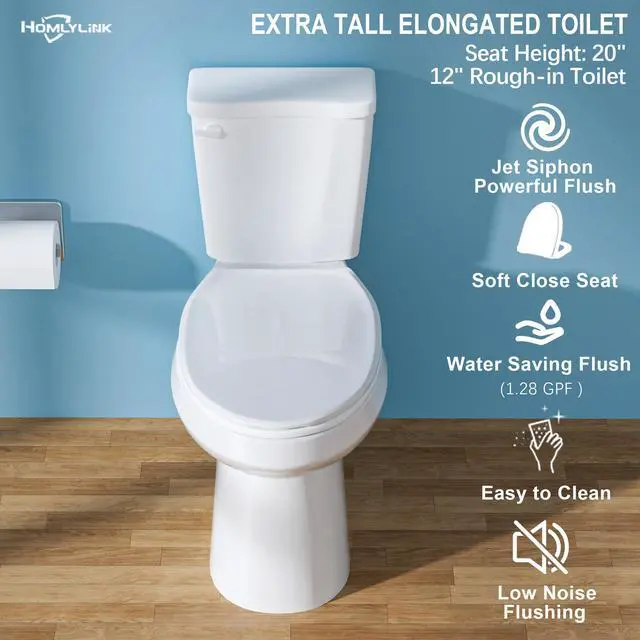 Alt view image 2 of 6 - 19 Inch ADA Elongated Tall Toilet for Seniors 1.28 GPF Single Flush White | Two Piece High Toilet for Bathroom, Comfort Seat Height 20", 12" Rough In