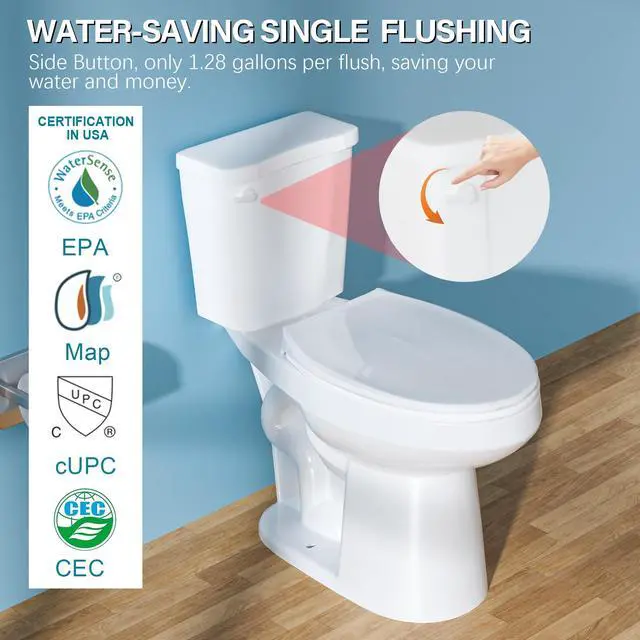 Alt view image 4 of 6 - 19 Inch ADA Elongated Tall Toilet for Seniors 1.28 GPF Single Flush White | Two Piece High Toilet for Bathroom, Comfort Seat Height 20", 12" Rough In