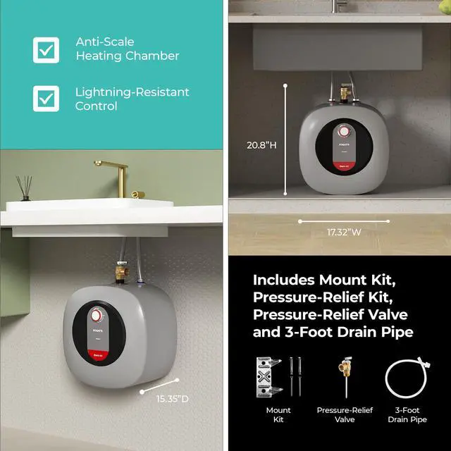Alt view image 3 of 6 - Electric Tank Water Heater, 8.0 Gallon Point of Use Instant Hot Water Heater 120V 1440W, Wall or Floor Mounted, Easy to Install