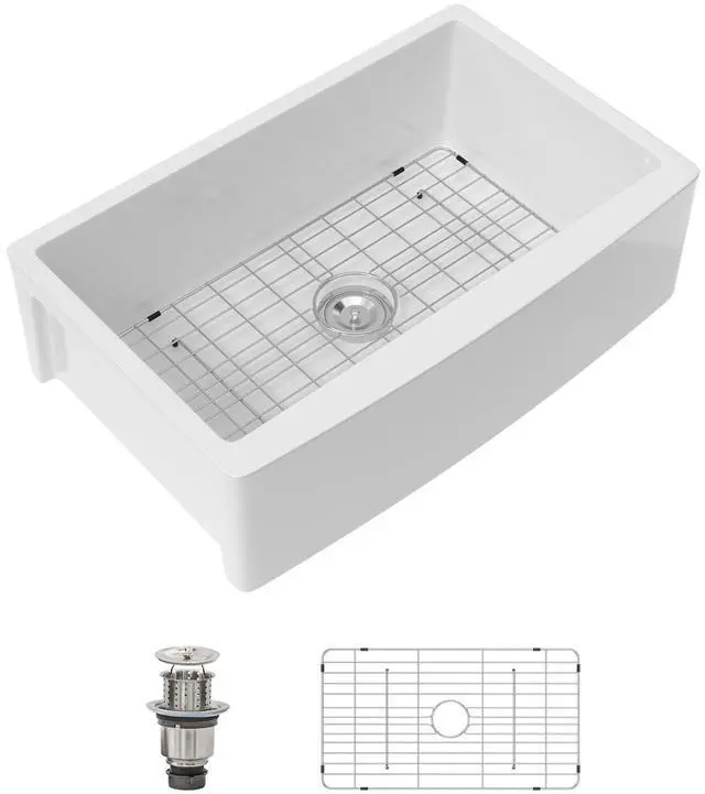 Main image of 33 In. Curved Farmhouse Sink, White Fireclay Apron Front Kitchen Sink, Deep Single Bowl with Smooth Arc Edge, 33"x21"x10" #DC-A8874