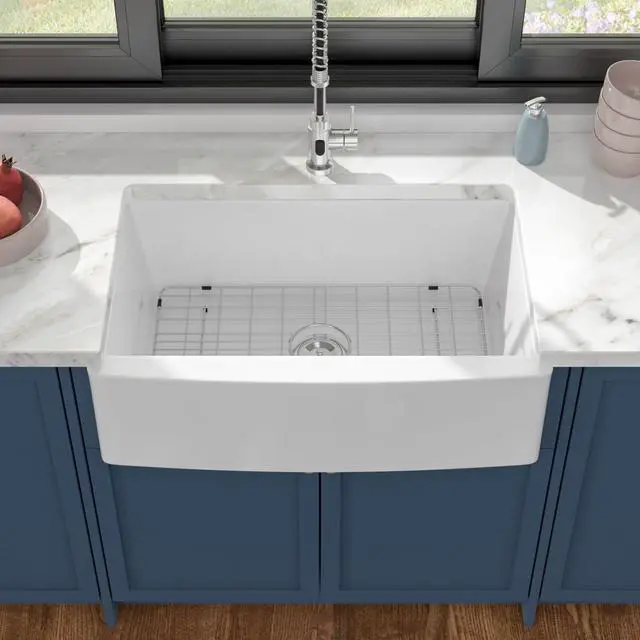 Alt view image 3 of 6 - 33 In. Curved Farmhouse Sink, White Fireclay Apron Front Kitchen Sink, Deep Single Bowl with Smooth Arc Edge, 33"x21"x10" #DC-A8874