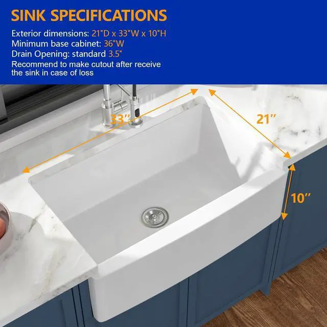 Alt view image 5 of 6 - 33 In. Curved Farmhouse Sink, White Fireclay Apron Front Kitchen Sink, Deep Single Bowl with Smooth Arc Edge, 33"x21"x10" #DC-A8874