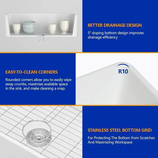 Alt view image 6 of 6 - 33 In. Curved Farmhouse Sink, White Fireclay Apron Front Kitchen Sink, Deep Single Bowl with Smooth Arc Edge, 33"x21"x10" #DC-A8874