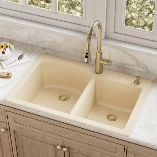Alt view image 2 of 6 - 33" Drop-In/Top Mount Quartz Composite 1-Hole 60/40 Double Bowl Kitchen Sink in Bisque
