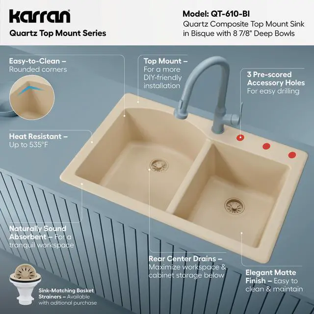 Alt view image 3 of 6 - 33" Drop-In/Top Mount Quartz Composite 1-Hole 60/40 Double Bowl Kitchen Sink in Bisque