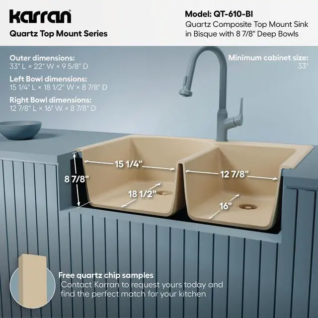 Alt view image 5 of 6 - 33" Drop-In/Top Mount Quartz Composite 1-Hole 60/40 Double Bowl Kitchen Sink in Bisque