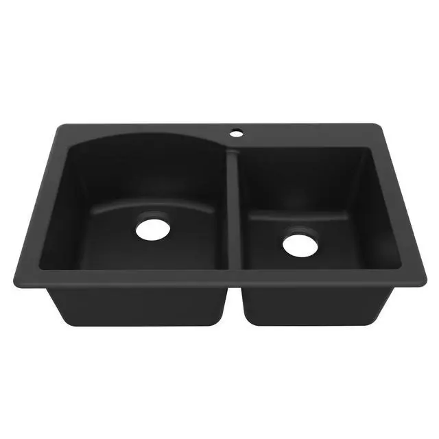 Main image of 33" Drop-In/Top Mount Quartz Composite 1-Hole 60/40 Double Bowl Kitchen Sink in Black