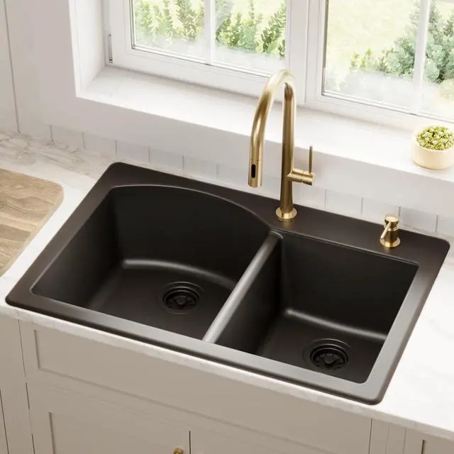 Alt view image 2 of 6 - 33" Drop-In/Top Mount Quartz Composite 1-Hole 60/40 Double Bowl Kitchen Sink in Black
