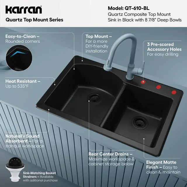 Alt view image 3 of 6 - 33" Drop-In/Top Mount Quartz Composite 1-Hole 60/40 Double Bowl Kitchen Sink in Black