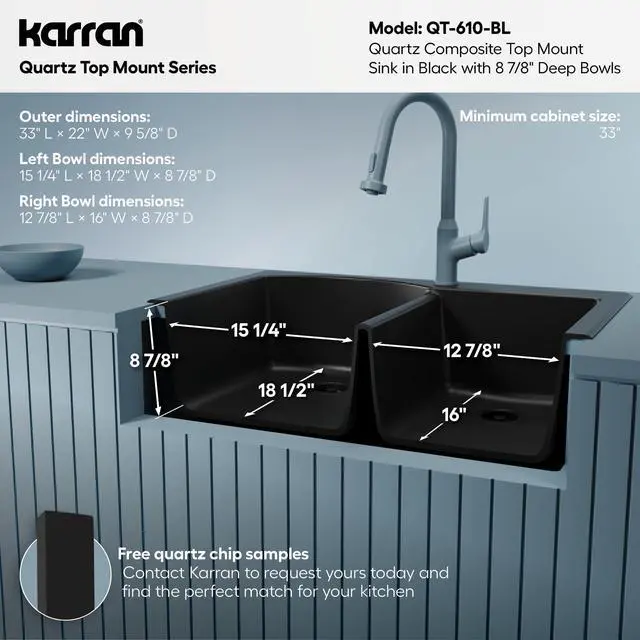 Alt view image 5 of 6 - 33" Drop-In/Top Mount Quartz Composite 1-Hole 60/40 Double Bowl Kitchen Sink in Black