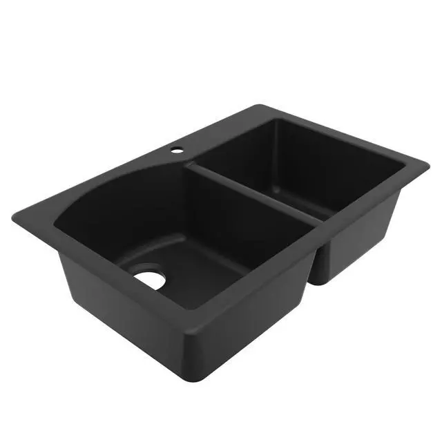 Alt view image 6 of 6 - 33" Drop-In/Top Mount Quartz Composite 1-Hole 60/40 Double Bowl Kitchen Sink in Black