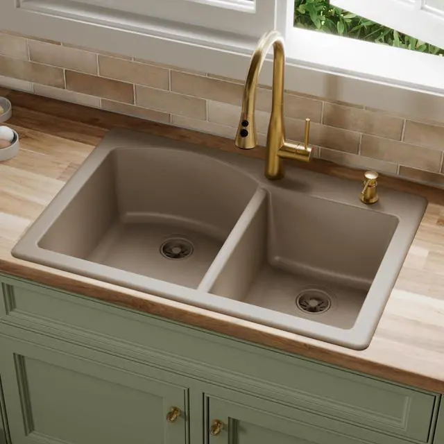 Alt view image 2 of 6 - 33" Drop-In/Top Mount Quartz Composite 1-Hole 60/40 Double Bowl Kitchen Sink in Concrete