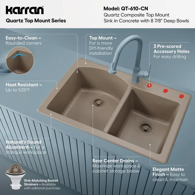 Alt view image 3 of 6 - 33" Drop-In/Top Mount Quartz Composite 1-Hole 60/40 Double Bowl Kitchen Sink in Concrete