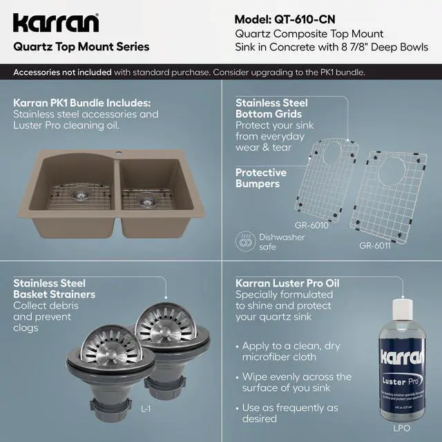 Alt view image 4 of 6 - 33" Drop-In/Top Mount Quartz Composite 1-Hole 60/40 Double Bowl Kitchen Sink in Concrete