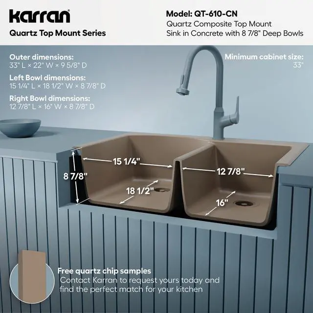 Alt view image 5 of 6 - 33" Drop-In/Top Mount Quartz Composite 1-Hole 60/40 Double Bowl Kitchen Sink in Concrete
