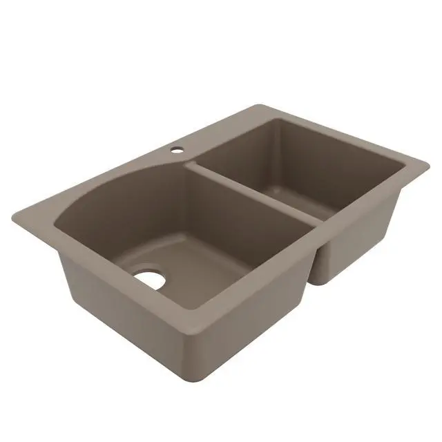 Alt view image 6 of 6 - 33" Drop-In/Top Mount Quartz Composite 1-Hole 60/40 Double Bowl Kitchen Sink in Concrete