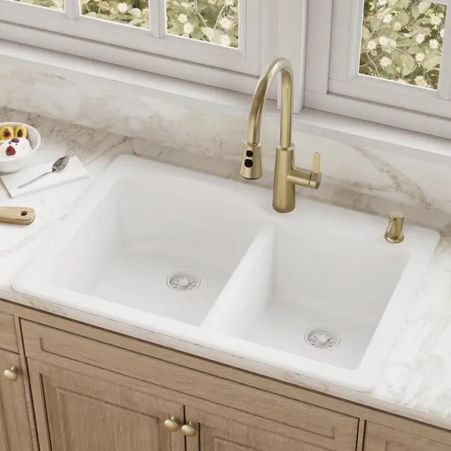 Alt view image 2 of 6 - 33" Drop-In/Top Mount Quartz Composite 1-Hole 60/40 Double Bowl Kitchen Sink in White