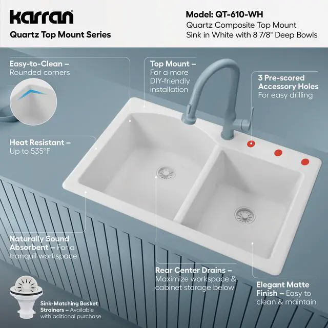 Alt view image 3 of 6 - 33" Drop-In/Top Mount Quartz Composite 1-Hole 60/40 Double Bowl Kitchen Sink in White
