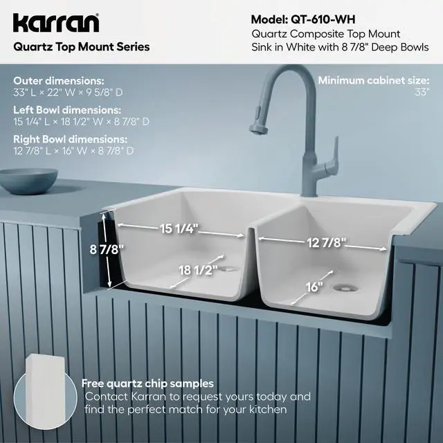 Alt view image 5 of 6 - 33" Drop-In/Top Mount Quartz Composite 1-Hole 60/40 Double Bowl Kitchen Sink in White